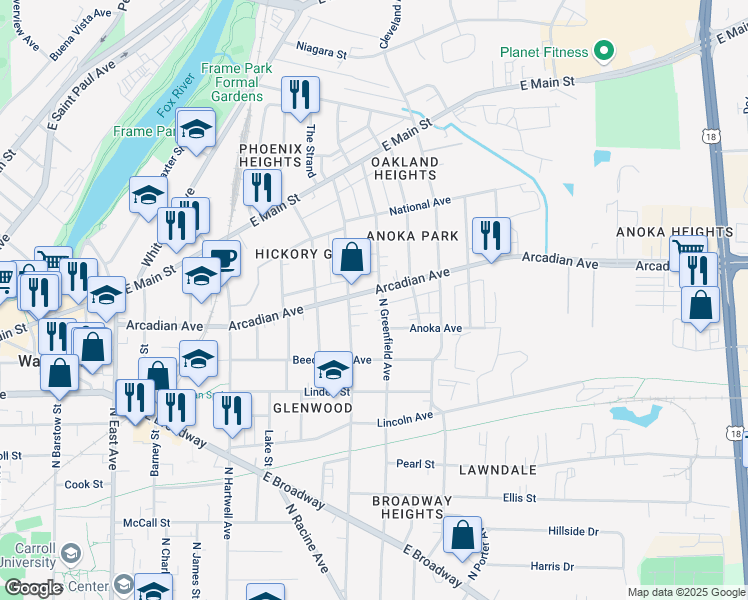 map of restaurants, bars, coffee shops, grocery stores, and more near 1010 Arcadian Avenue in Waukesha