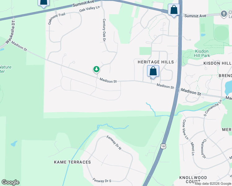 map of restaurants, bars, coffee shops, grocery stores, and more near 3505 Olde Howell Road in Waukesha