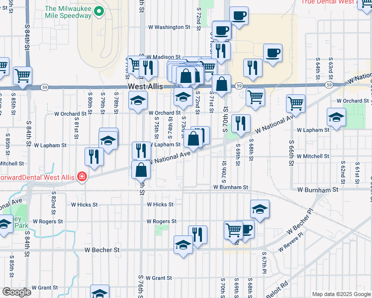 map of restaurants, bars, coffee shops, grocery stores, and more near 7220 West National Avenue in West Allis