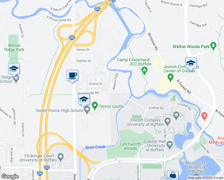 map of restaurants, bars, coffee shops, grocery stores, and more near 11 Beacon Park in Buffalo