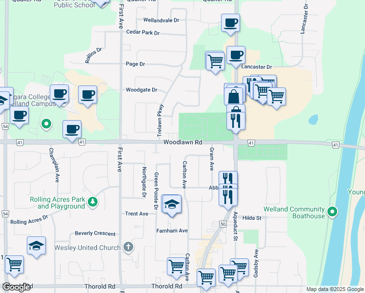 map of restaurants, bars, coffee shops, grocery stores, and more near 81 Woodlawn Road in Welland