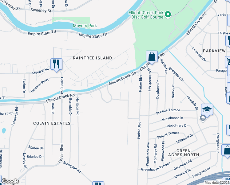 map of restaurants, bars, coffee shops, grocery stores, and more near 33 Willowgrove Court in Tonawanda
