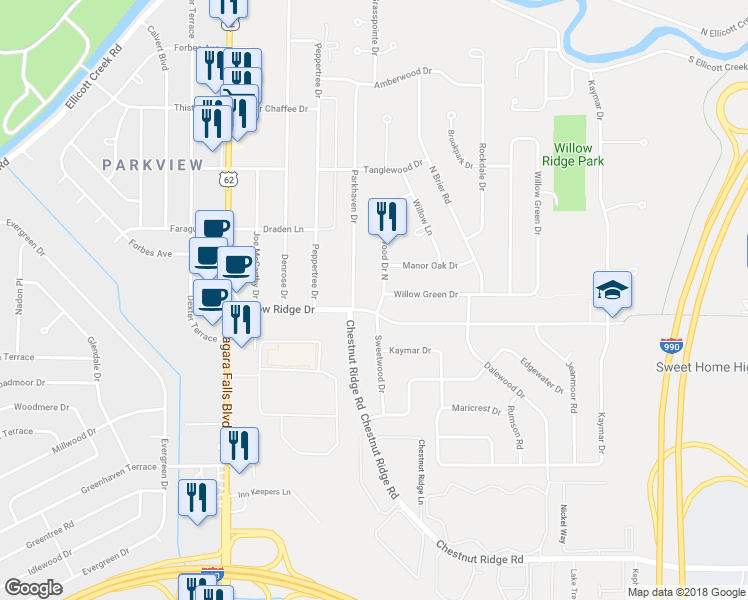 map of restaurants, bars, coffee shops, grocery stores, and more near 4 Sweetwood Drive North in Buffalo
