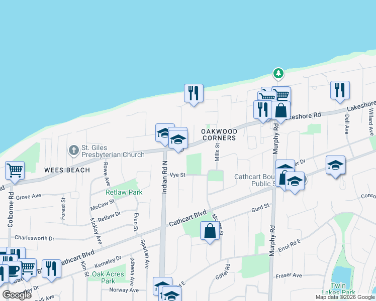 map of restaurants, bars, coffee shops, grocery stores, and more near 975 Lakeshore Road in Sarnia