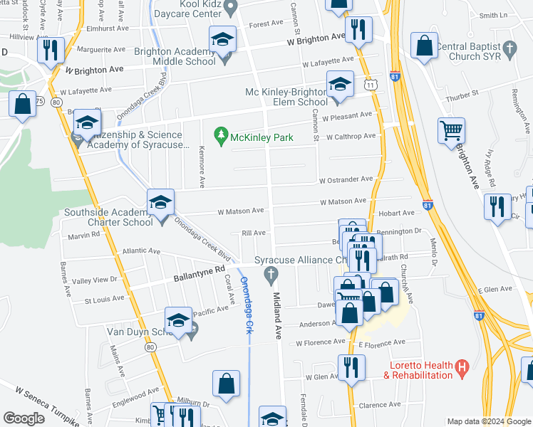 map of restaurants, bars, coffee shops, grocery stores, and more near 2806 Midland Avenue in Syracuse