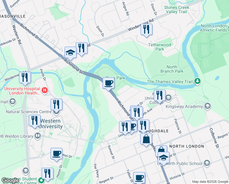 map of restaurants, bars, coffee shops, grocery stores, and more near 1240 Richmond Street in London