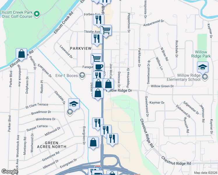 map of restaurants, bars, coffee shops, grocery stores, and more near 24 Willow Ridge Drive in Buffalo