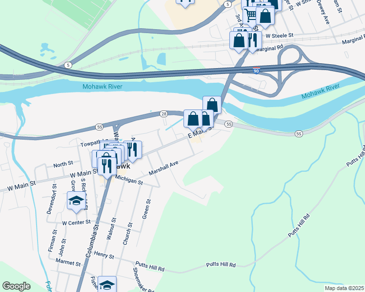 map of restaurants, bars, coffee shops, grocery stores, and more near 72 East Main Street in Mohawk