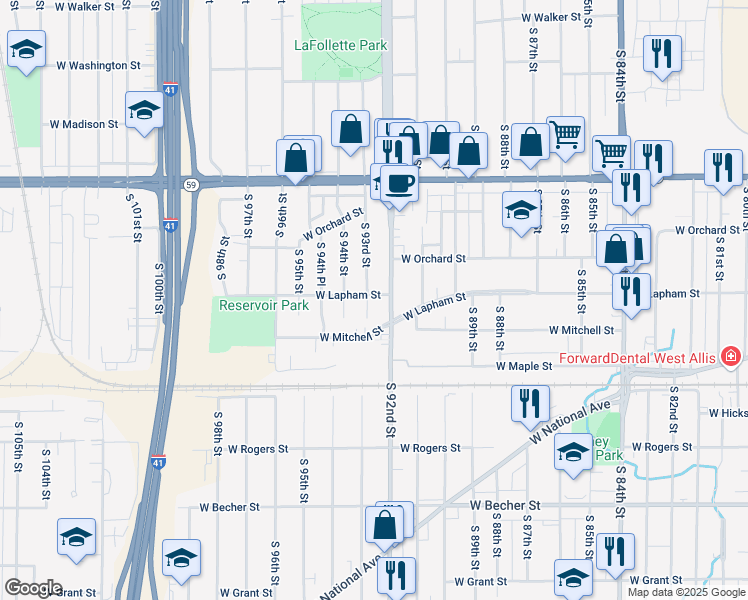 map of restaurants, bars, coffee shops, grocery stores, and more near 1617 South 92nd Street in West Allis
