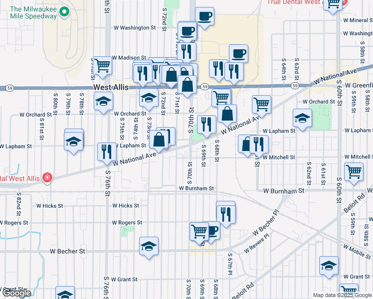 map of restaurants, bars, coffee shops, grocery stores, and more near 7001 West National Avenue in West Allis