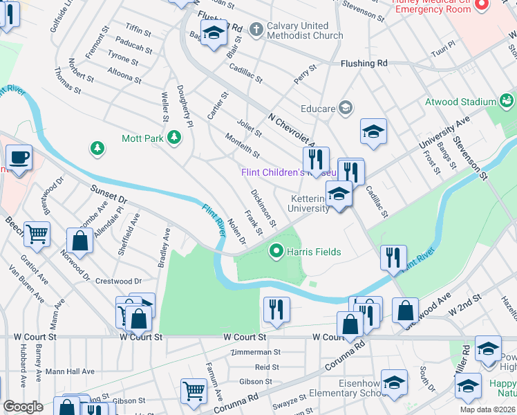 map of restaurants, bars, coffee shops, grocery stores, and more near 706 Frank Street in Flint