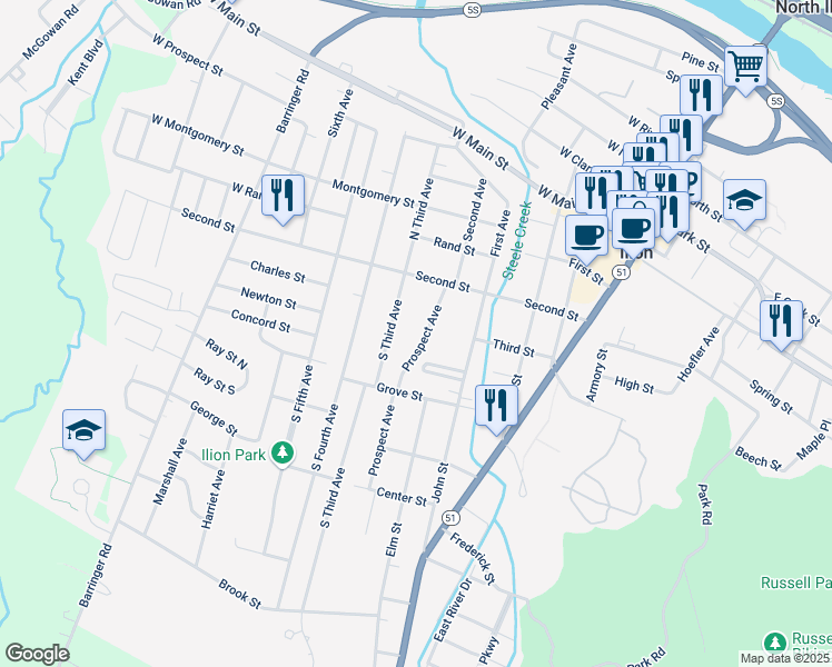 map of restaurants, bars, coffee shops, grocery stores, and more near 50-50 Prospect Avenue in Ilion
