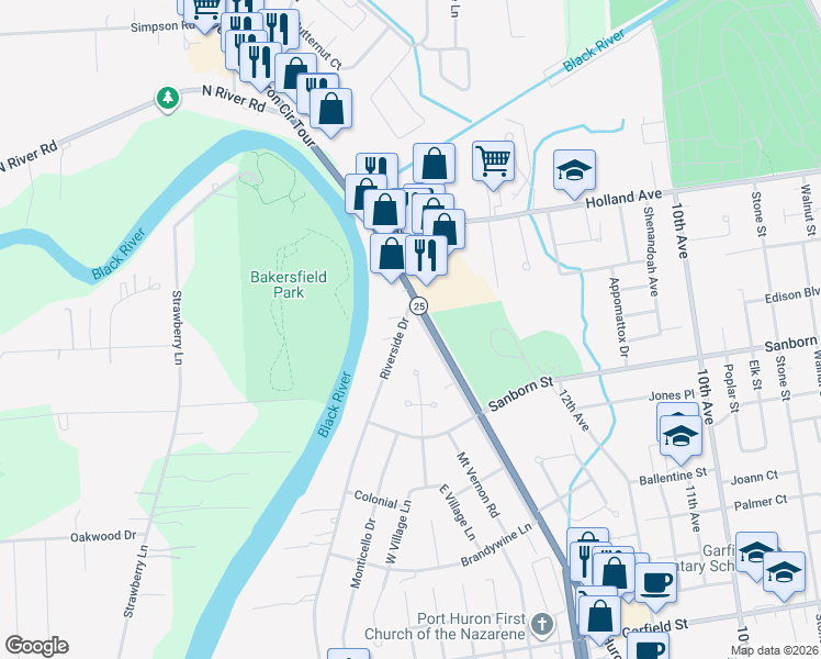 map of restaurants, bars, coffee shops, grocery stores, and more near 3418 Riverside Drive in Port Huron
