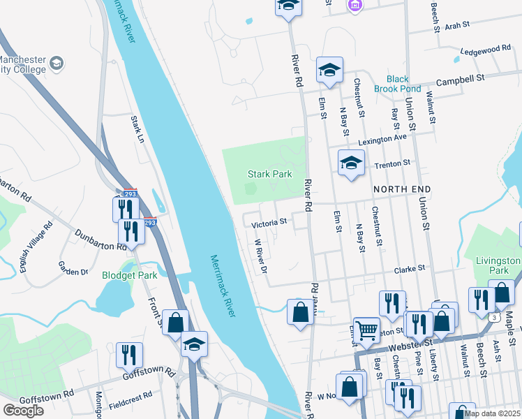 map of restaurants, bars, coffee shops, grocery stores, and more near 13 Park Place Condominiums in Manchester