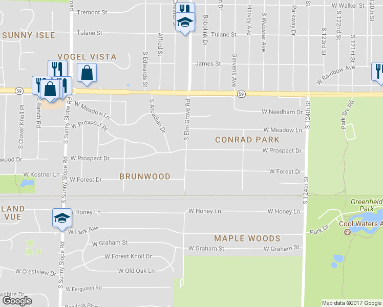 map of restaurants, bars, coffee shops, grocery stores, and more near 13123 West Prospect Drive in New Berlin