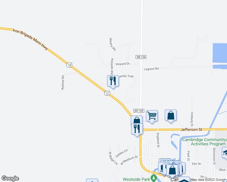 map of restaurants, bars, coffee shops, grocery stores, and more near 106 U.S. 12 in Cambridge