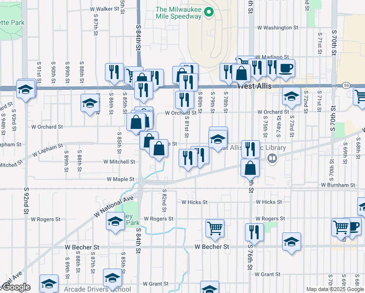 map of restaurants, bars, coffee shops, grocery stores, and more near 1614 South 82nd Street in West Allis