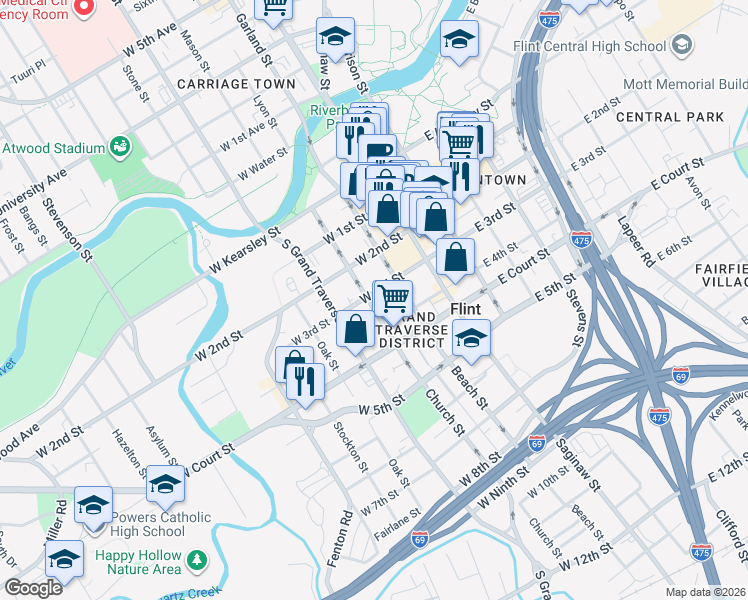 map of restaurants, bars, coffee shops, grocery stores, and more near in Flint
