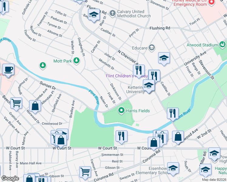 map of restaurants, bars, coffee shops, grocery stores, and more near 706 Frank Street in Flint