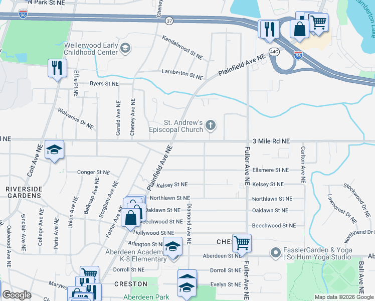 map of restaurants, bars, coffee shops, grocery stores, and more near 923 Northwood Street Northeast in Grand Rapids