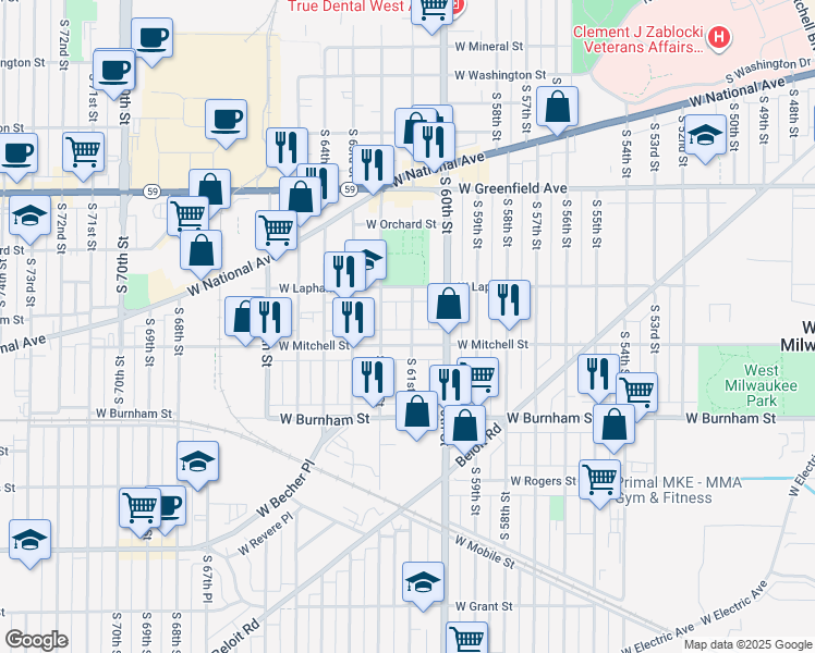 map of restaurants, bars, coffee shops, grocery stores, and more near 6034 West Mitchell Street in West Allis