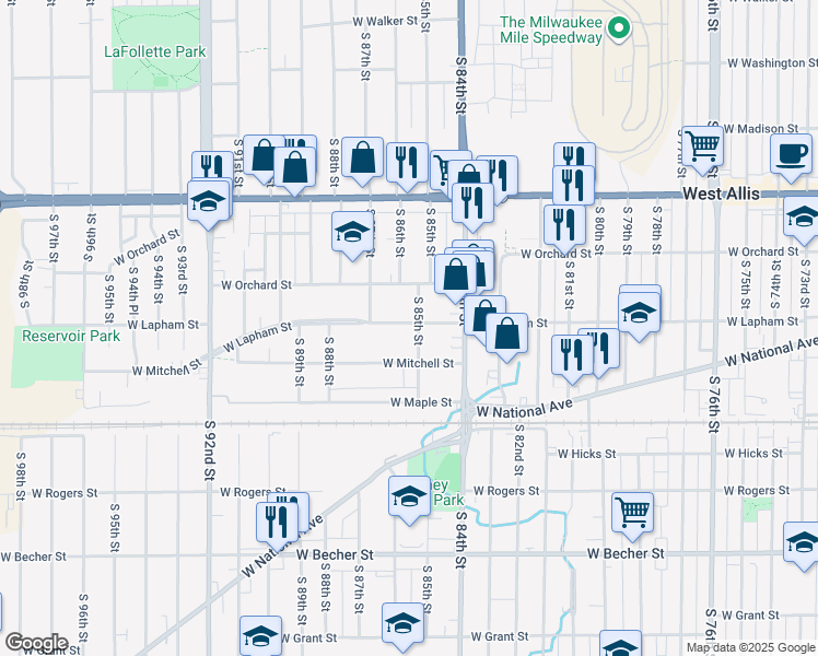 map of restaurants, bars, coffee shops, grocery stores, and more near 8609 West Lapham Street in West Allis