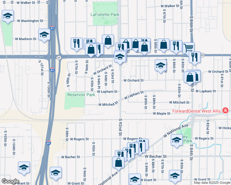 map of restaurants, bars, coffee shops, grocery stores, and more near 1617 South 92nd Street in West Allis