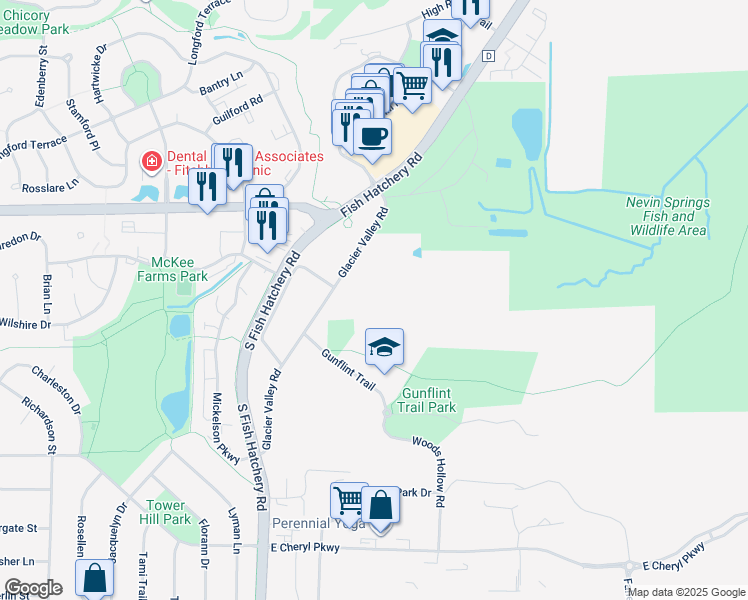 map of restaurants, bars, coffee shops, grocery stores, and more near 2902 Glacier Valley Road in Fitchburg