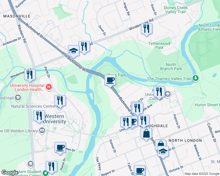 map of restaurants, bars, coffee shops, grocery stores, and more near 1235 Richmond Street in London