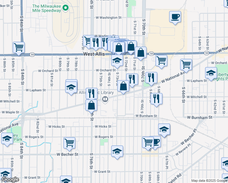map of restaurants, bars, coffee shops, grocery stores, and more near 7313 West Lapham Street in West Allis