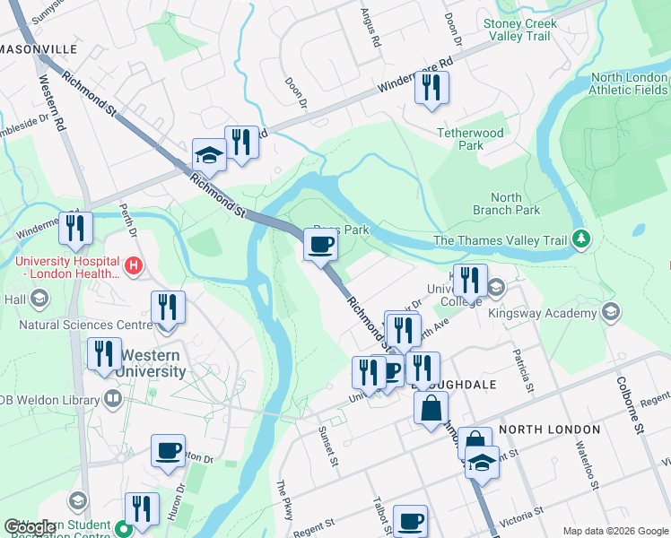 map of restaurants, bars, coffee shops, grocery stores, and more near 1244 Richmond Street in London