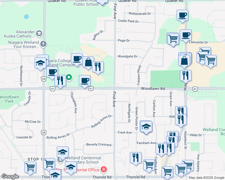 map of restaurants, bars, coffee shops, grocery stores, and more near 421 First Avenue in Welland