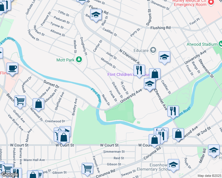 map of restaurants, bars, coffee shops, grocery stores, and more near 718 Frank Street in Flint