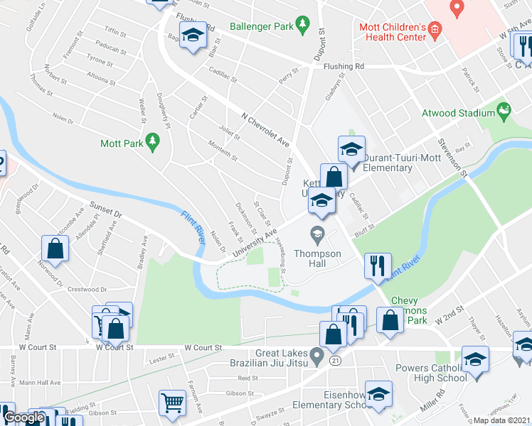 map of restaurants, bars, coffee shops, grocery stores, and more near 628 Saint Clair Street in Flint