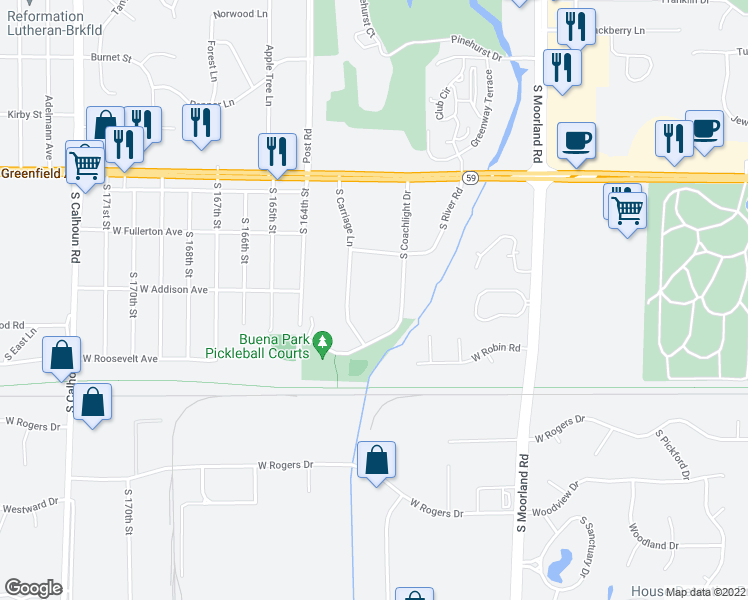 map of restaurants, bars, coffee shops, grocery stores, and more near 1633 South Coachlight Drive in New Berlin