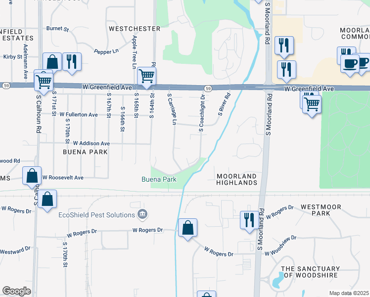 map of restaurants, bars, coffee shops, grocery stores, and more near 1633 South Coachlight Drive in New Berlin