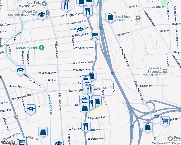 map of restaurants, bars, coffee shops, grocery stores, and more near 3618 South Salina Street in Syracuse