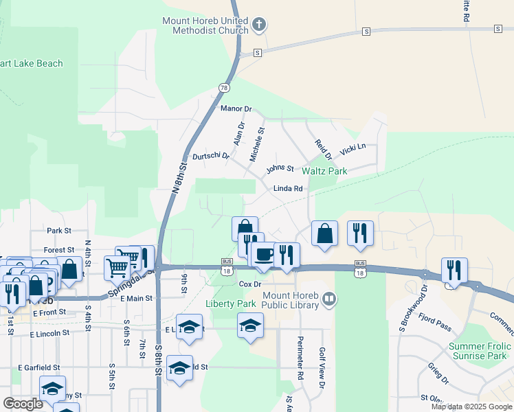 map of restaurants, bars, coffee shops, grocery stores, and more near 403 Linda Road in Mount Horeb