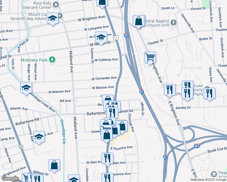 map of restaurants, bars, coffee shops, grocery stores, and more near 3618 South Salina Street in Syracuse