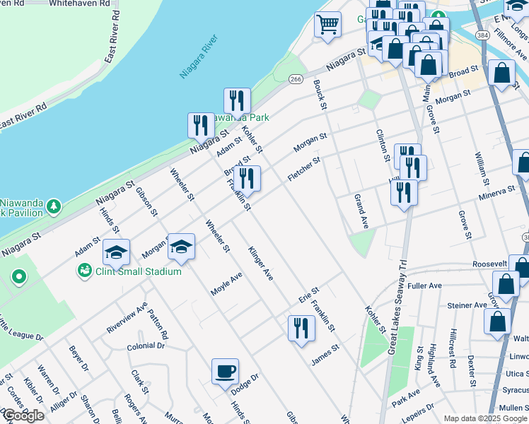 map of restaurants, bars, coffee shops, grocery stores, and more near 125 Franklin Street in Tonawanda