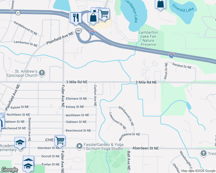 map of restaurants, bars, coffee shops, grocery stores, and more near 2734 Durham Avenue Northeast in Grand Rapids