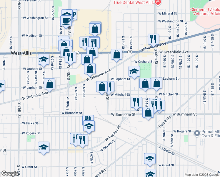 map of restaurants, bars, coffee shops, grocery stores, and more near in West Allis