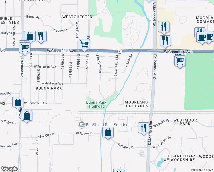 map of restaurants, bars, coffee shops, grocery stores, and more near 1633 South Coachlight Drive in New Berlin
