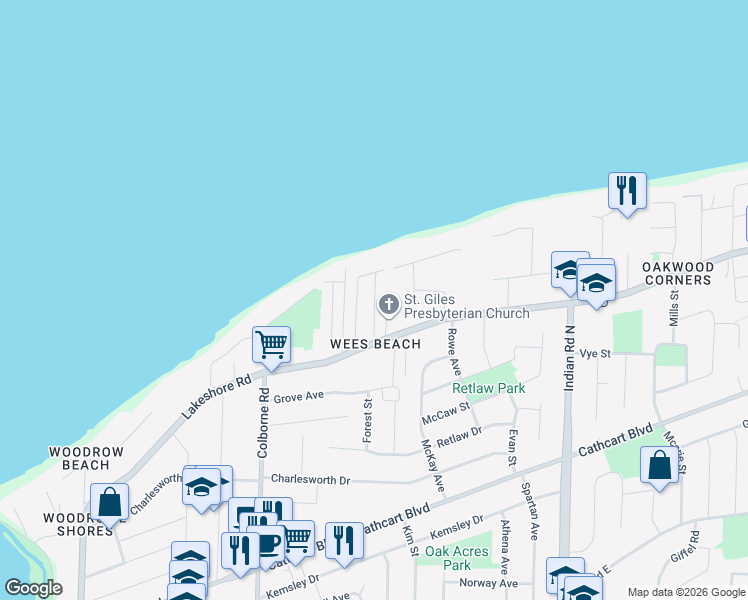 map of restaurants, bars, coffee shops, grocery stores, and more near Tyrie Drive East in Sarnia