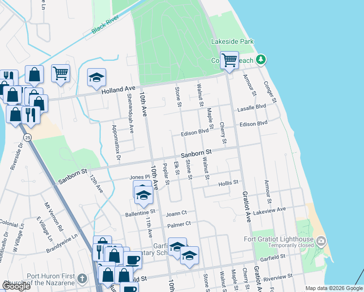 map of restaurants, bars, coffee shops, grocery stores, and more near 3302 Stone Street in Port Huron