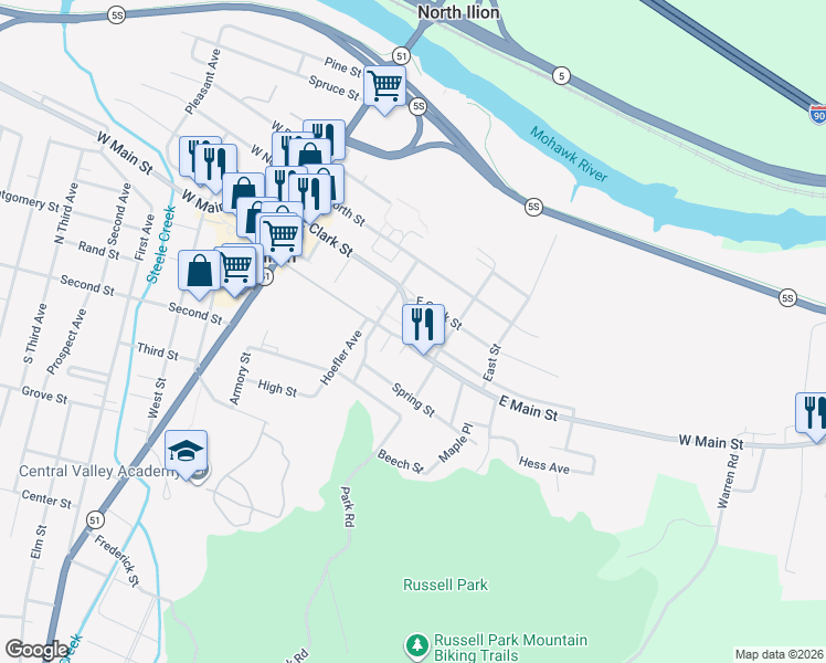 map of restaurants, bars, coffee shops, grocery stores, and more near East State Street in Ilion