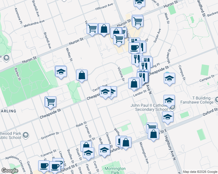 map of restaurants, bars, coffee shops, grocery stores, and more near 111 Cecilia Avenue in London