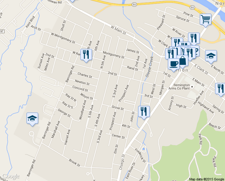 map of restaurants, bars, coffee shops, grocery stores, and more near 48 South 3rd Avenue in Ilion