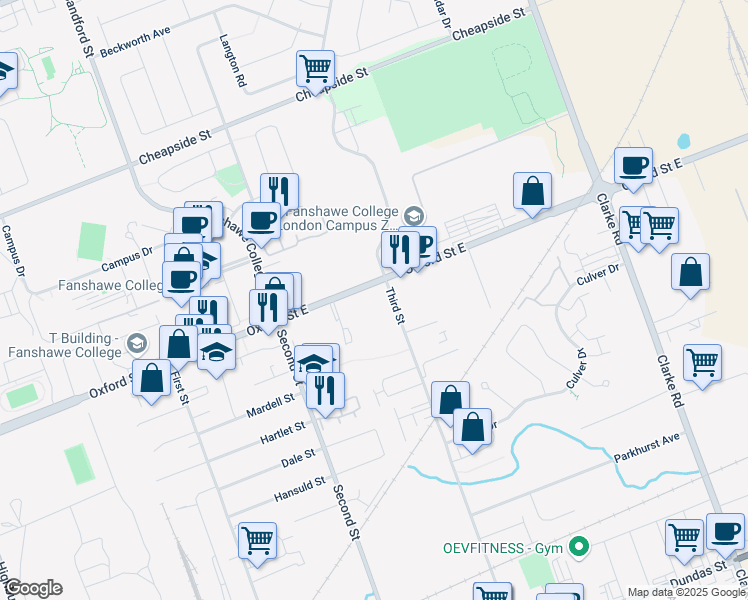 map of restaurants, bars, coffee shops, grocery stores, and more near 1717 Oxford Street East in London