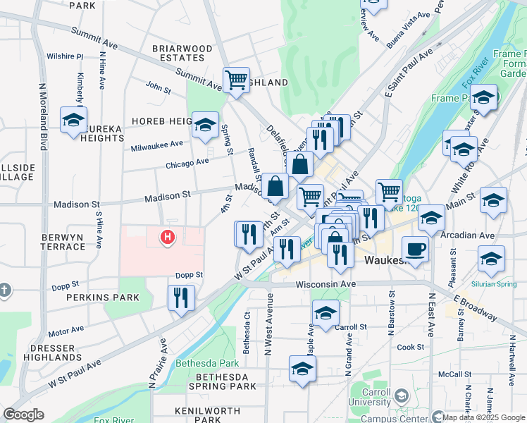 map of restaurants, bars, coffee shops, grocery stores, and more near 304 North Street Court in Waukesha